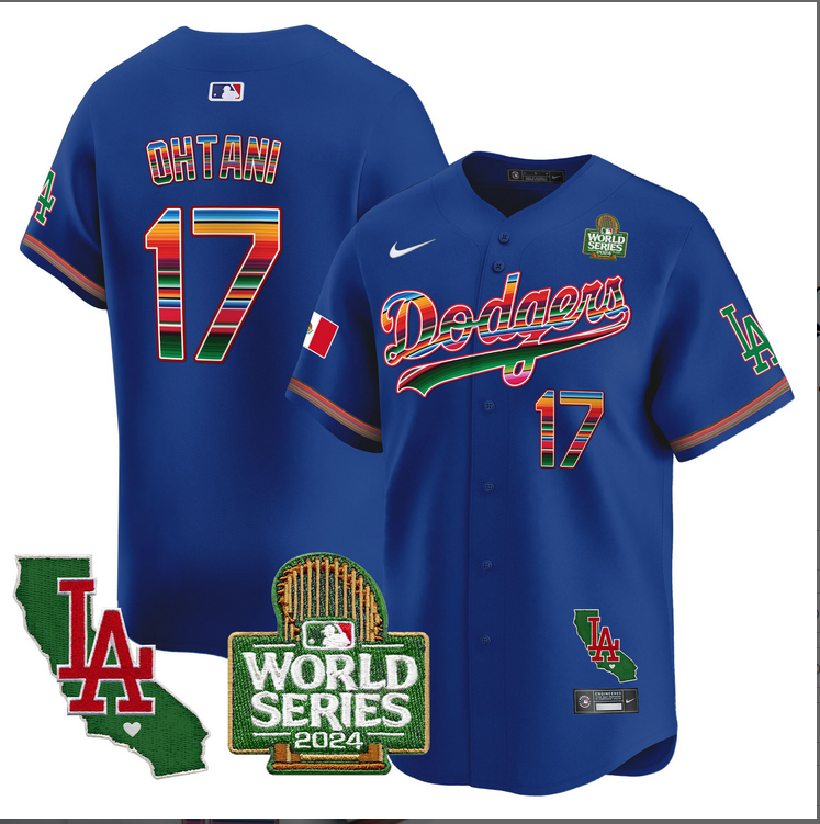 Men MLB Mexico Los Angeles Dodgers 17 Ohtani blue 2024 World Series Champions Patch Jersey 20241105